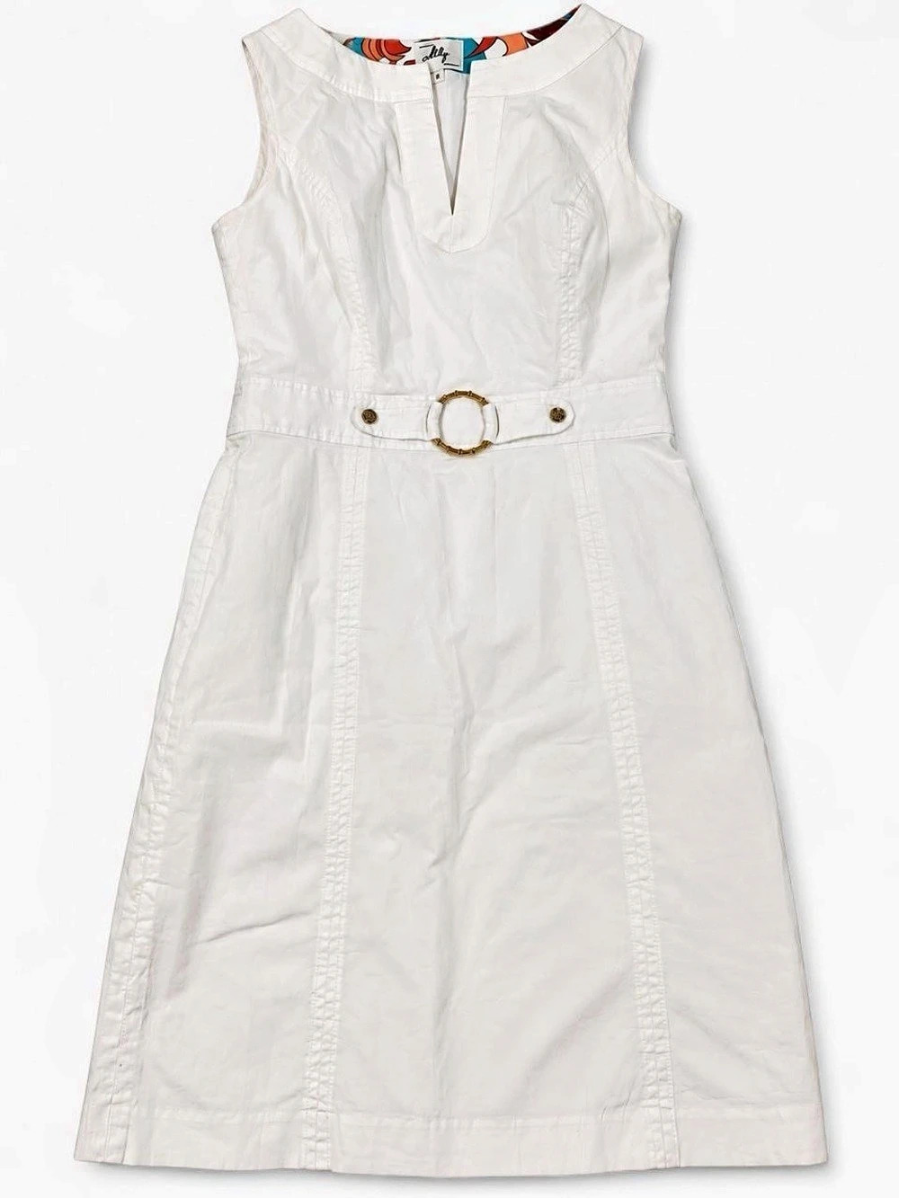 Milly of New York White Sheath Dress V-Neck Size 8 Retro Print Collar Belted